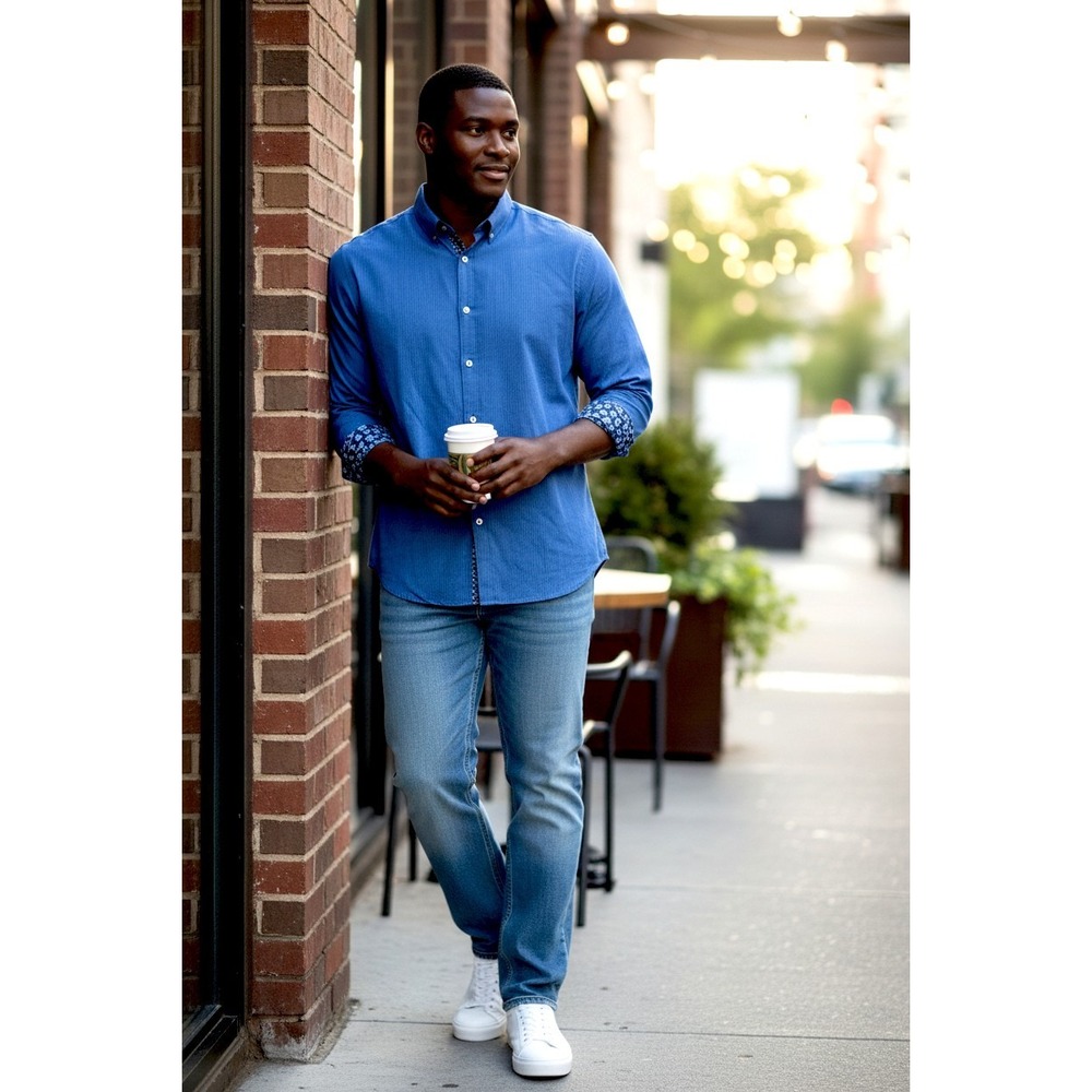 Ted Baker Endurance‎ Men's Blue Pinstripe Button Down Dress Shirt Floral Trim